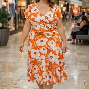 Maggy London Orange White Floral Wrap Dress Ruched V Neck Size 14 Midi